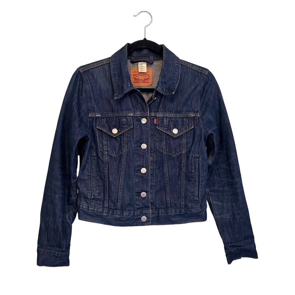 Levis Jean Jacket Womens Small Blue Denim Trucker Cropped Long Sleeve Button Up